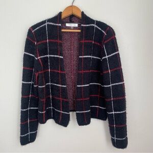 August Silk Women's Windowpane Plaid Open Cardigan Large Black Red Soft Fuzzy
